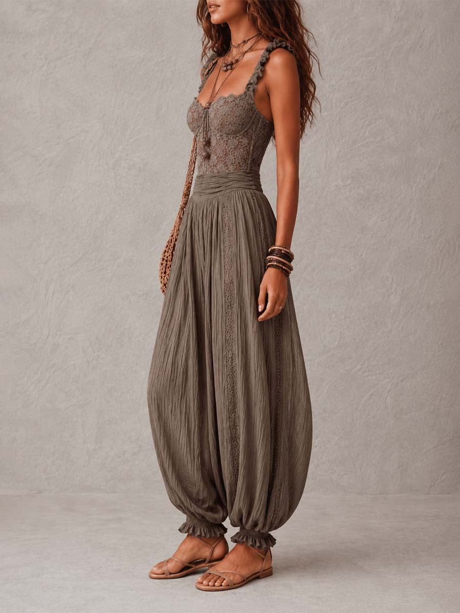 Nieves| Conjunto de bandeau de encaje gris y pantalón harem de algodón plisado