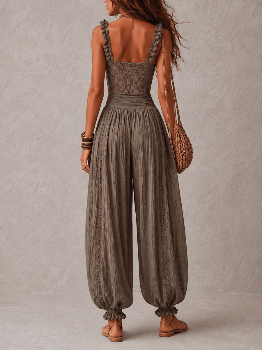 Nieves| Conjunto de bandeau de encaje gris y pantalón harem de algodón plisado
