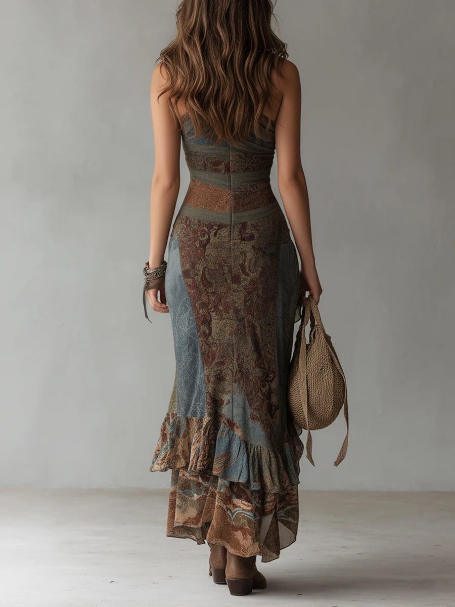 Elena ∙ Vestido largo estampado de inspiración étnica a un hombro con abertura alta