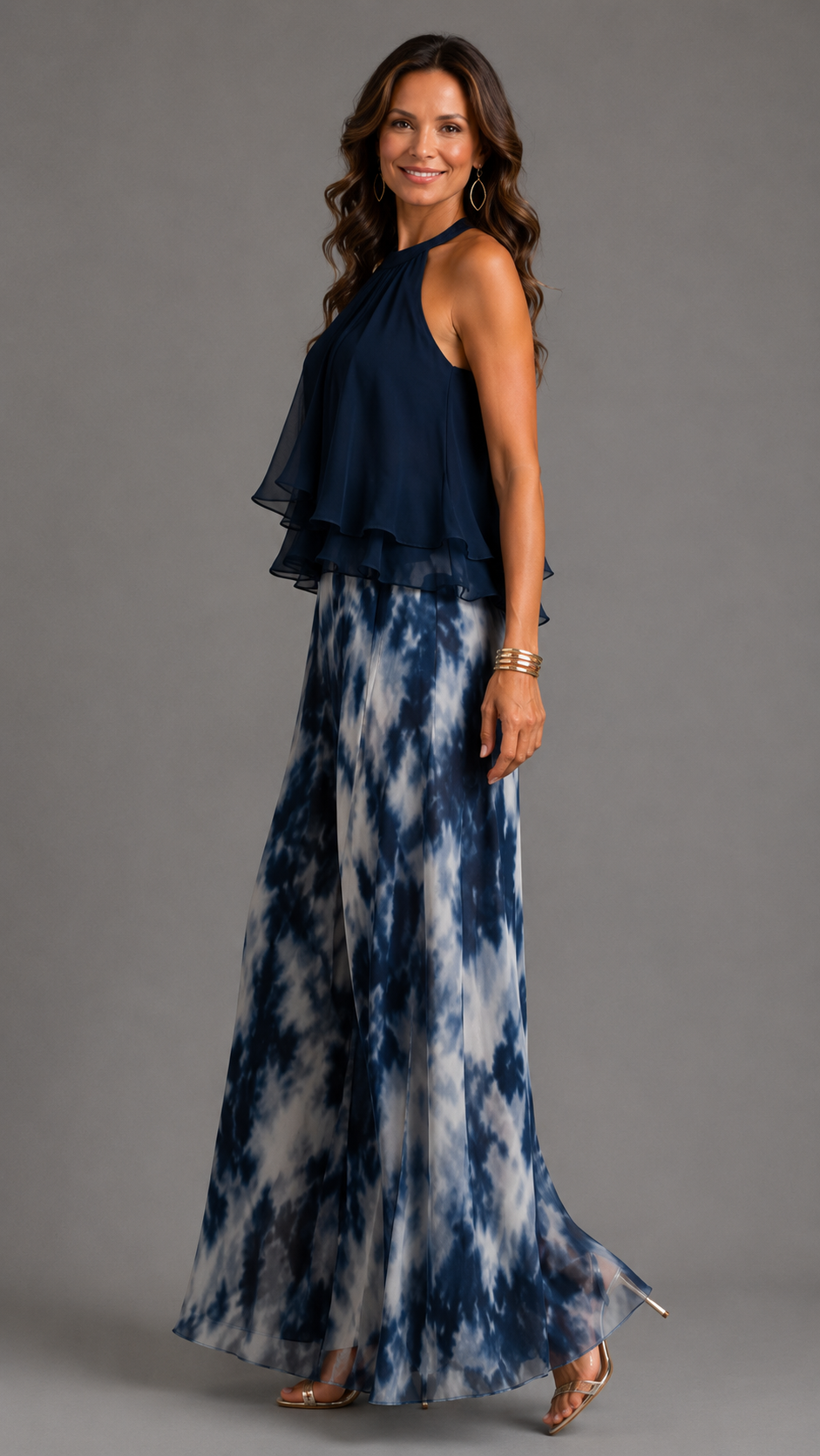 Ludovica | Conjunto Top Halter Azul Marino Elegante y Pantalón Ancho Estampado