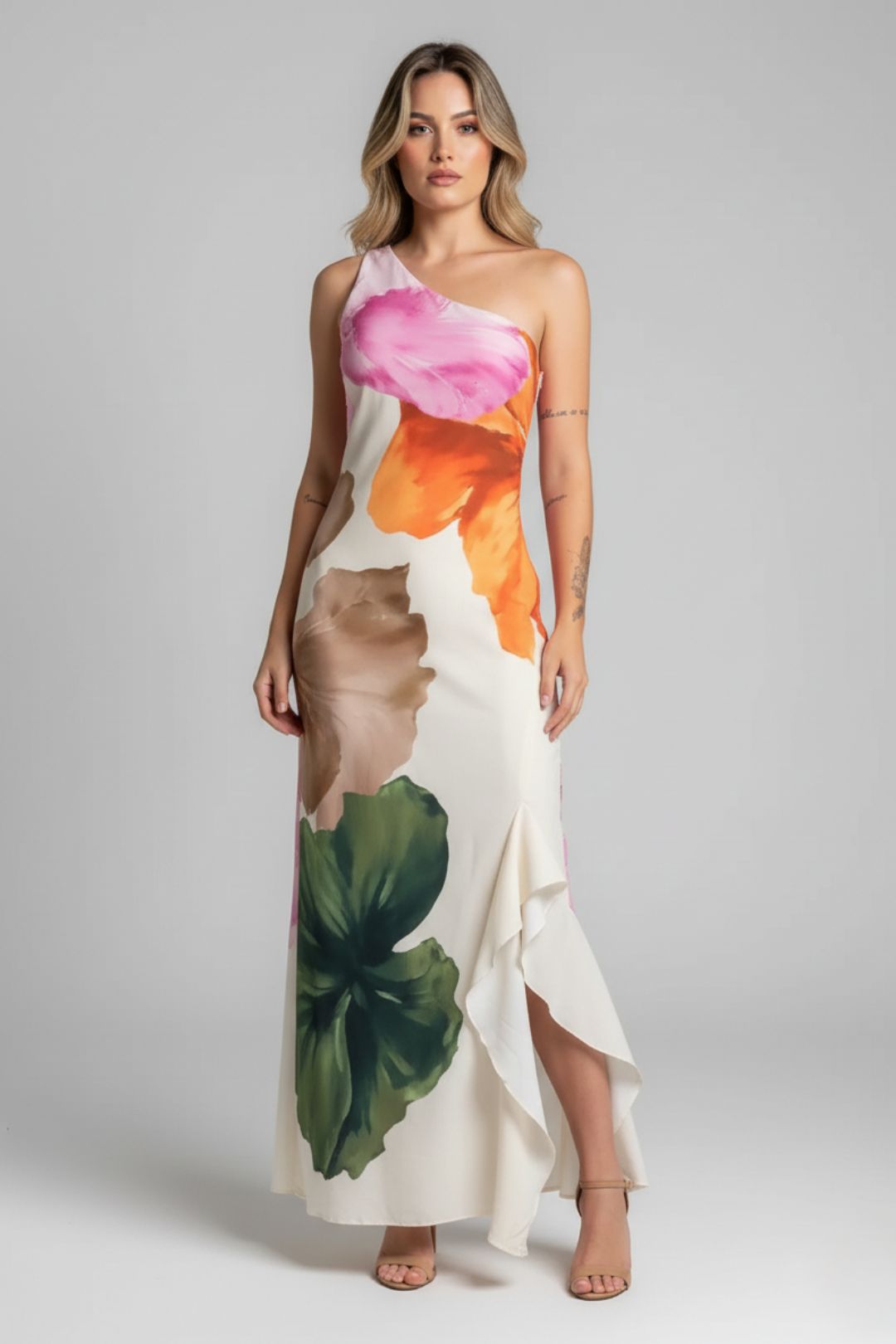 Vestido Largo Floral Asimétrico con Abertura Estampado Acuarela - Santorini