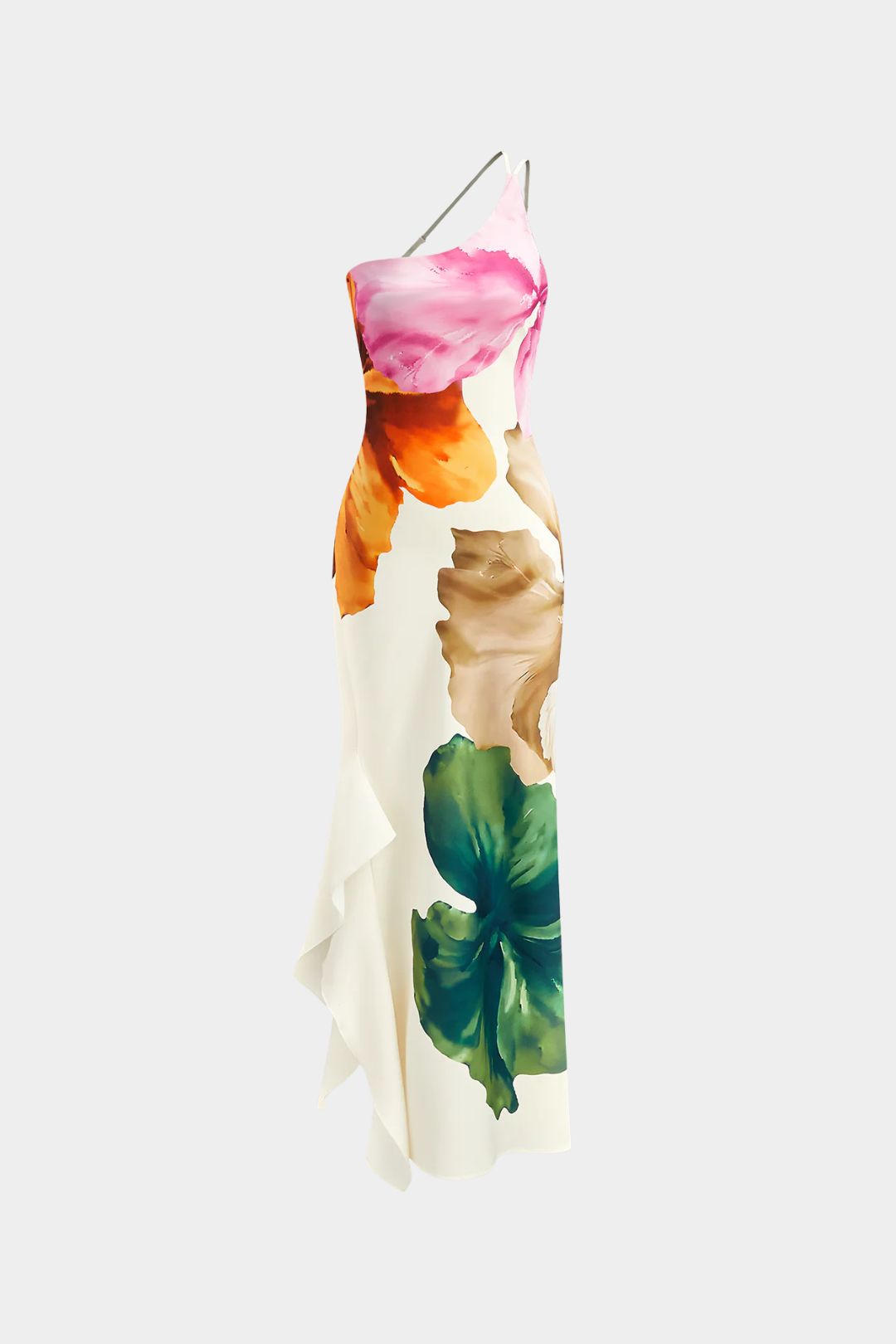 Vestido Largo Floral Asimétrico con Abertura Estampado Acuarela - Santorini