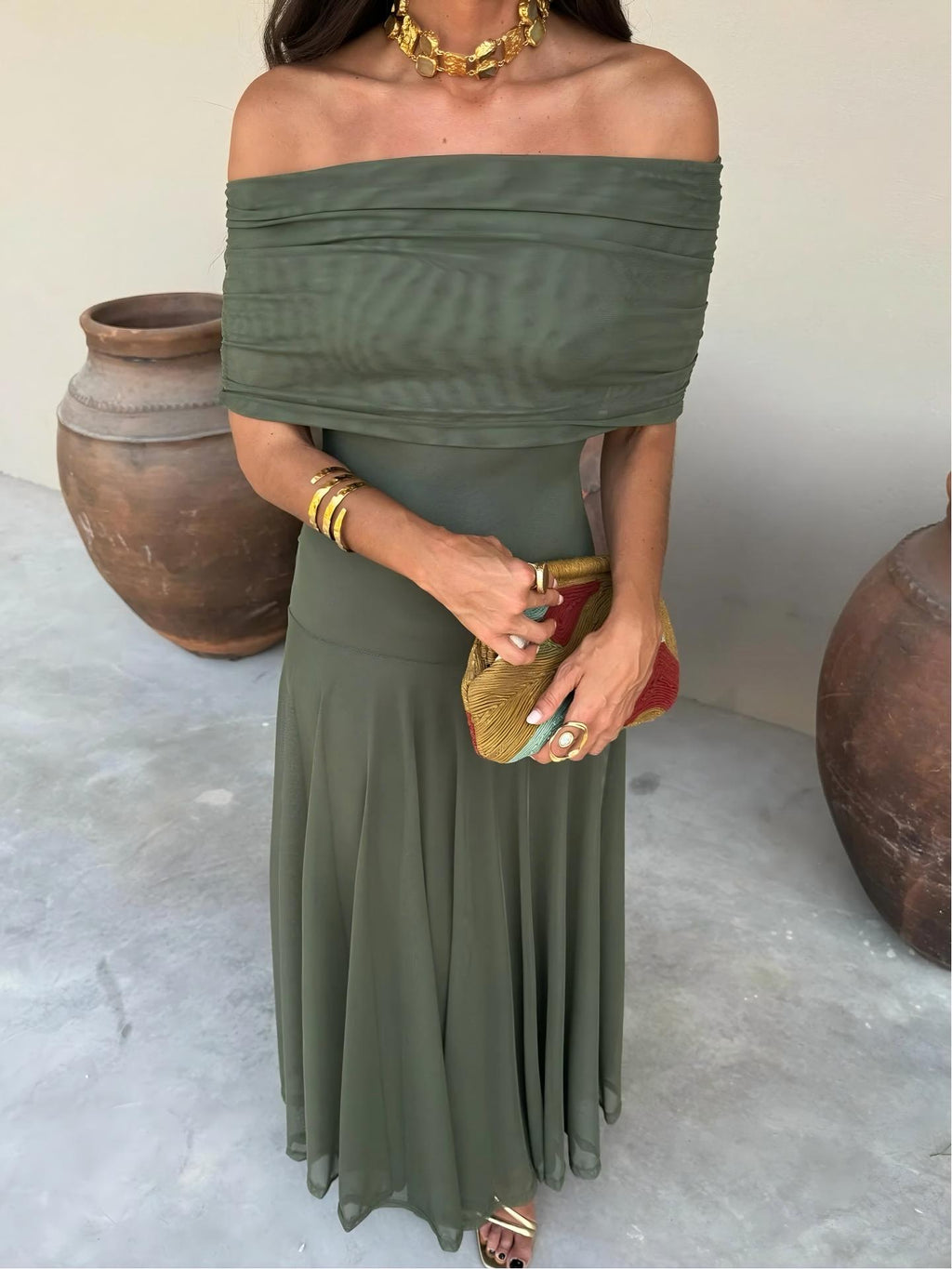 Vestido Femenino Largo Escote Bardot de Chiffón con Drapeado – Umbria