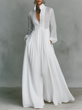 Vestido Maxi Minimalista de Algodón y Lino con Patchwork, Cuello Alto y Manga Larga