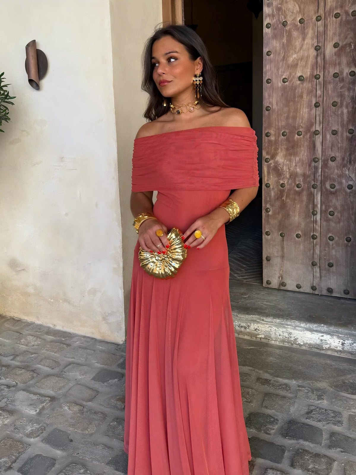 Vestido Femenino Largo Escote Bardot de Chiffón con Drapeado – Umbria