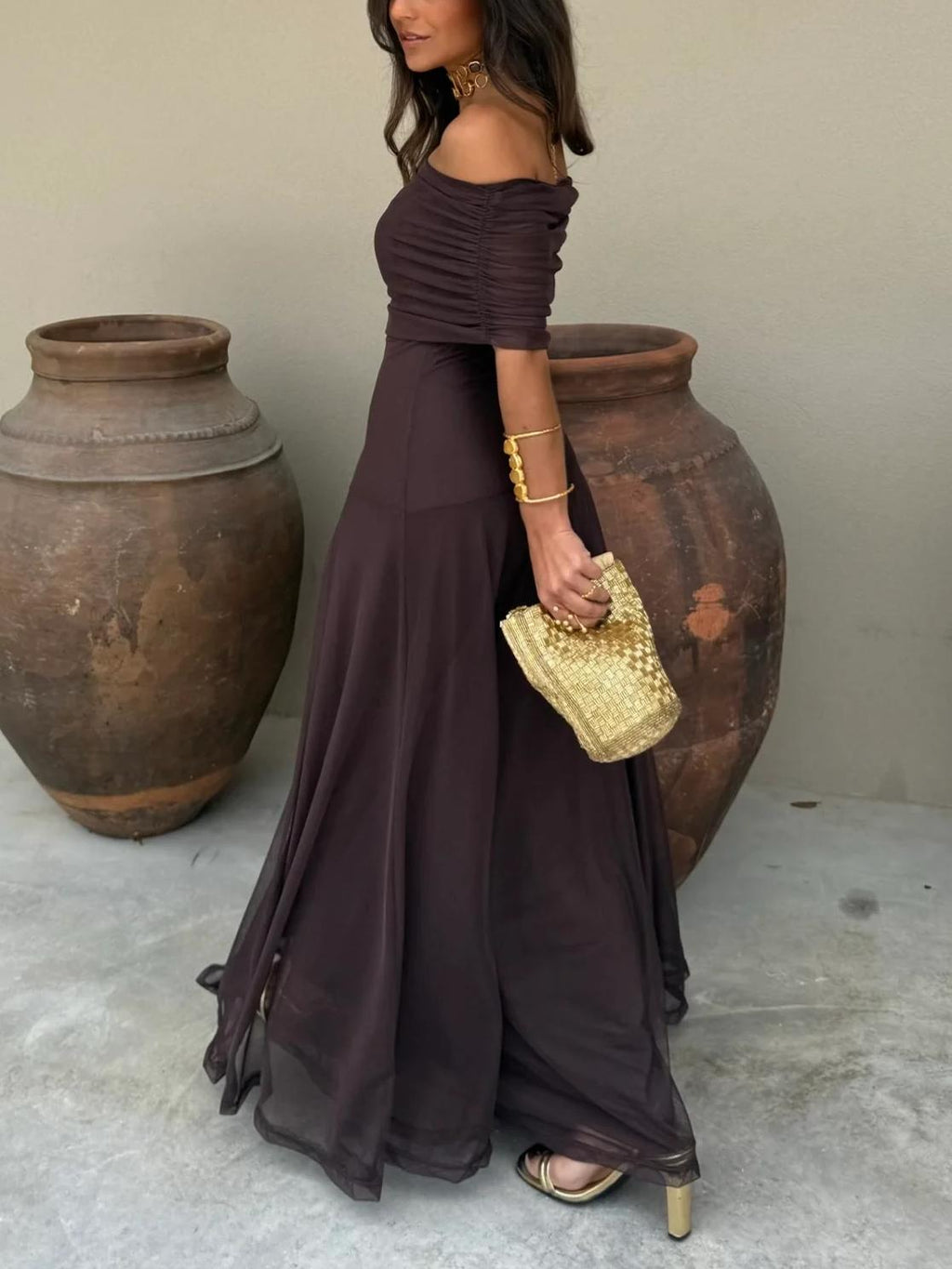 Vestido Femenino Largo Escote Bardot de Chiffón con Drapeado – Umbria