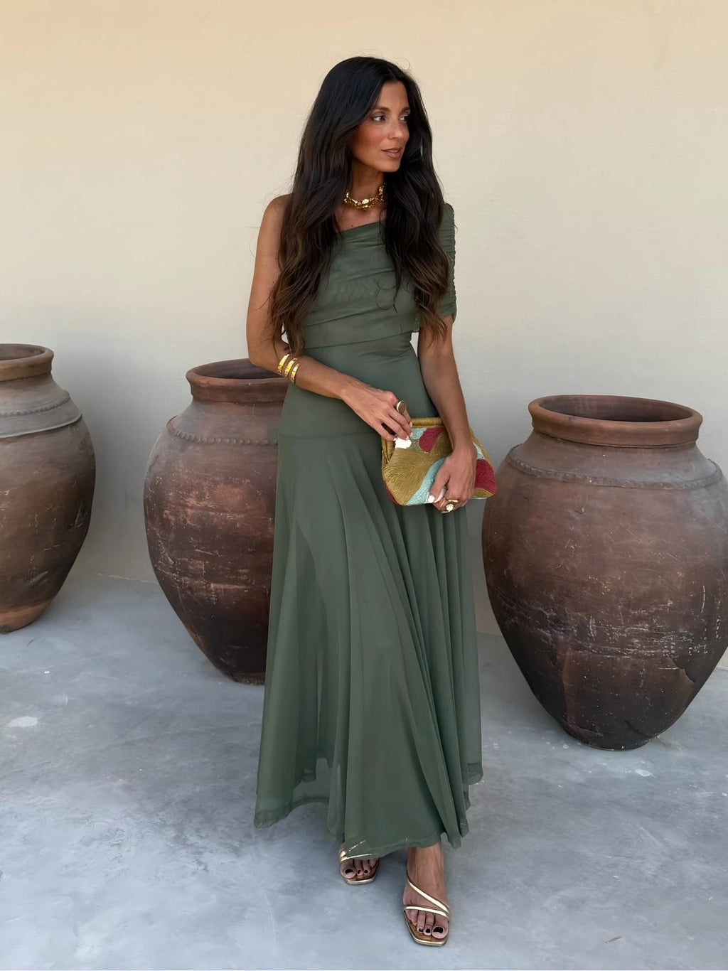 Vestido Femenino Largo Escote Bardot de Chiffón con Drapeado – Umbria