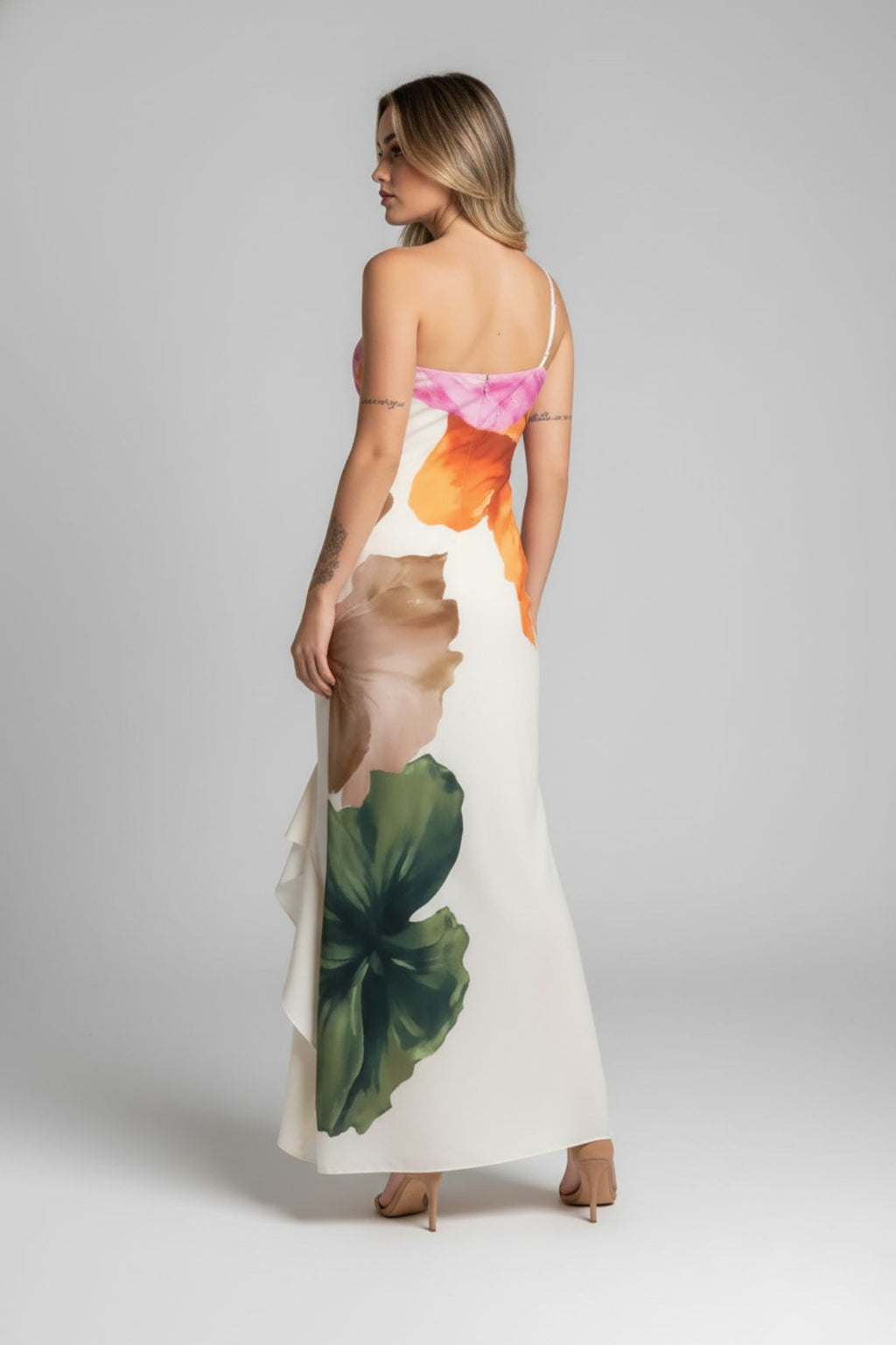 Vestido Largo Floral Asimétrico con Abertura Estampado Acuarela - Santorini
