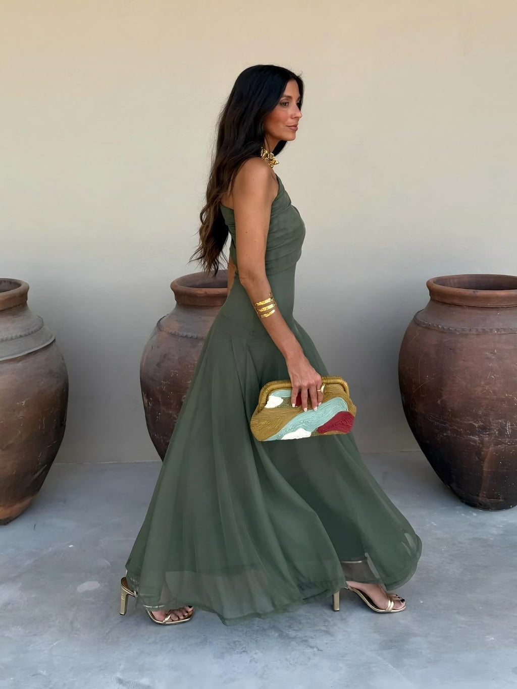 Vestido Femenino Largo Escote Bardot de Chiffón con Drapeado – Umbria
