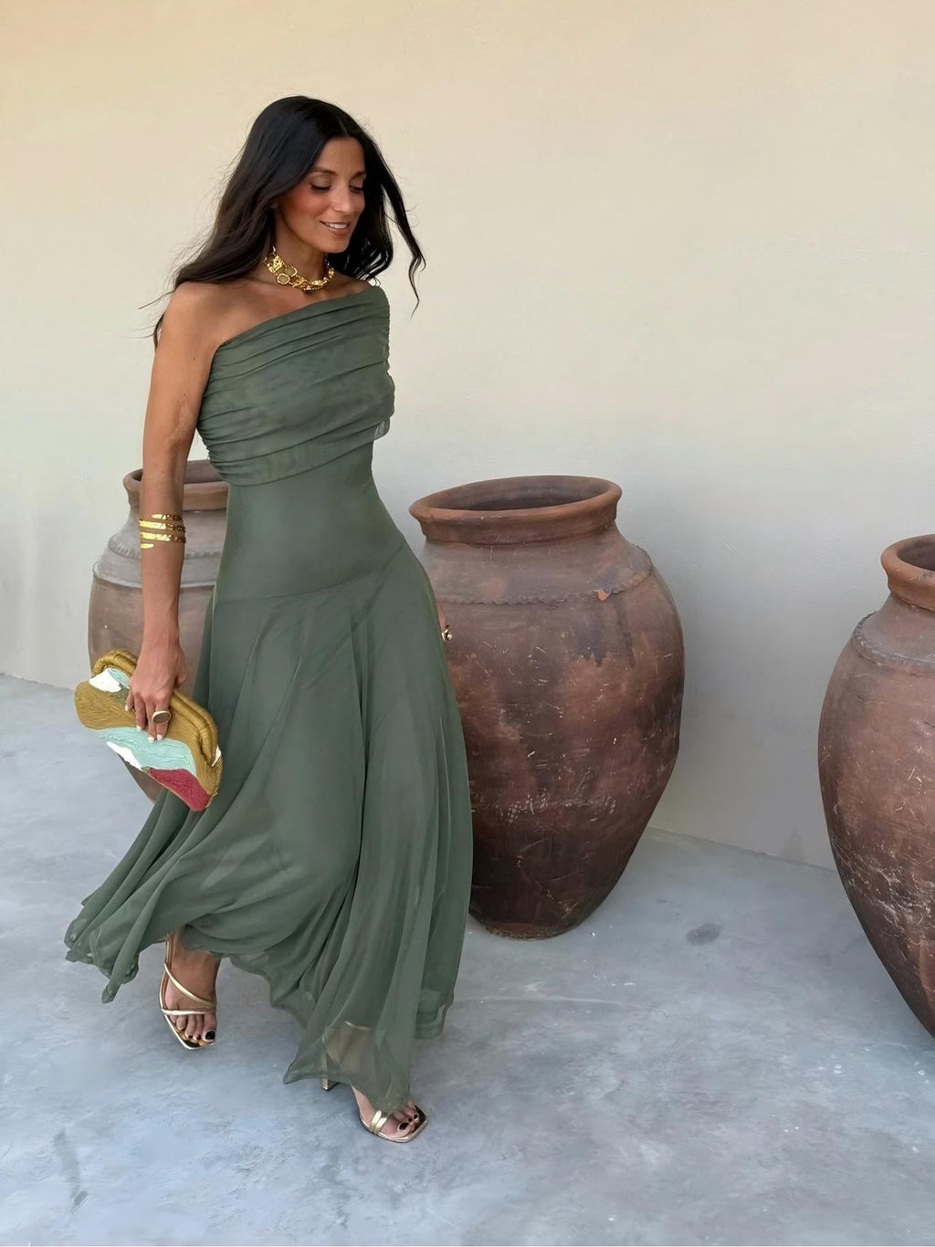 Vestido Femenino Largo Escote Bardot de Chiffón con Drapeado – Umbria