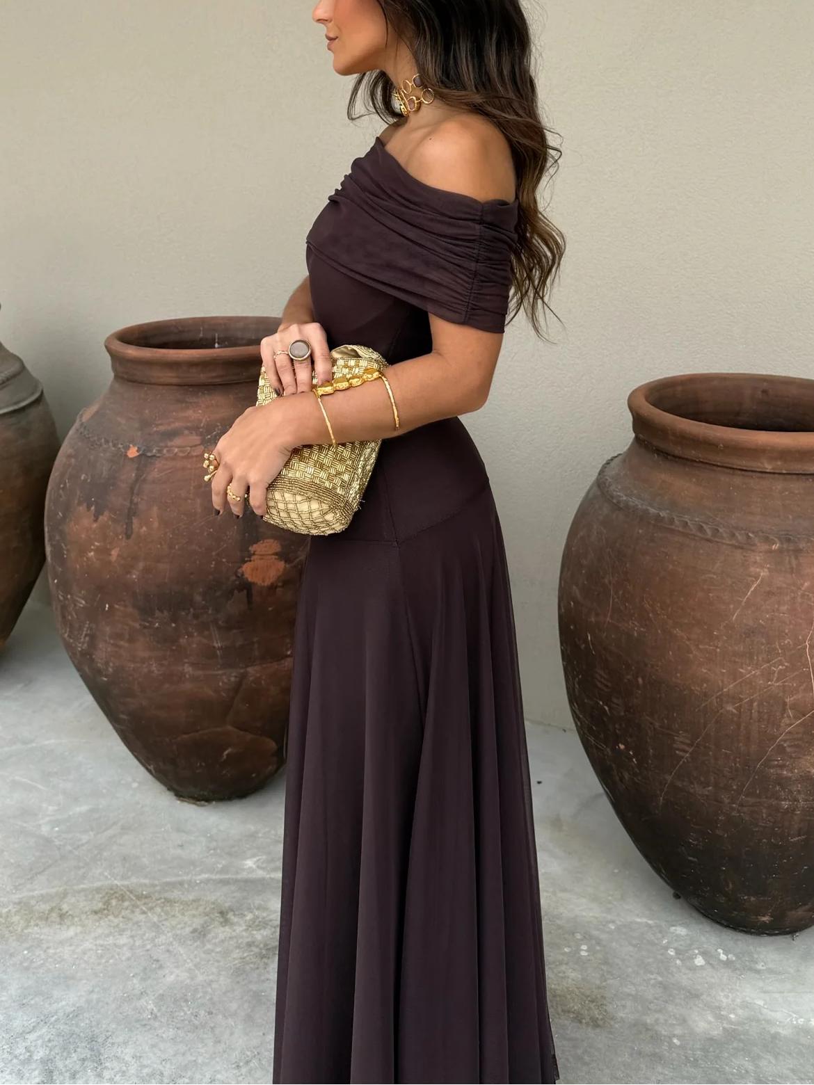 Vestido Femenino Largo Escote Bardot de Chiffón con Drapeado – Umbria