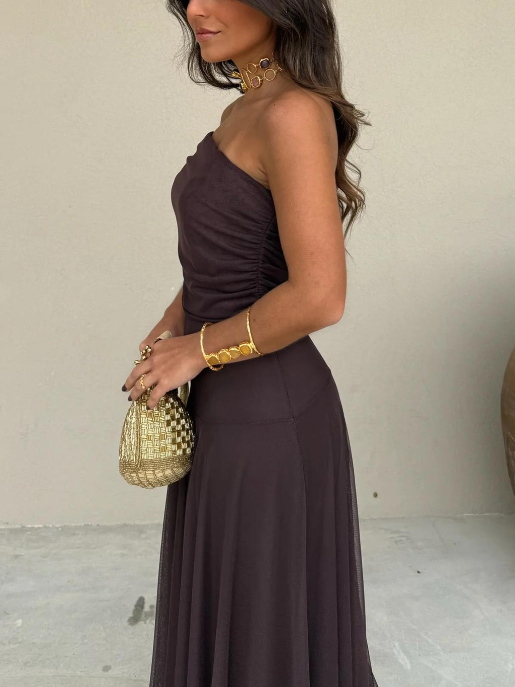 Vestido Femenino Largo Escote Bardot de Chiffón con Drapeado – Umbria