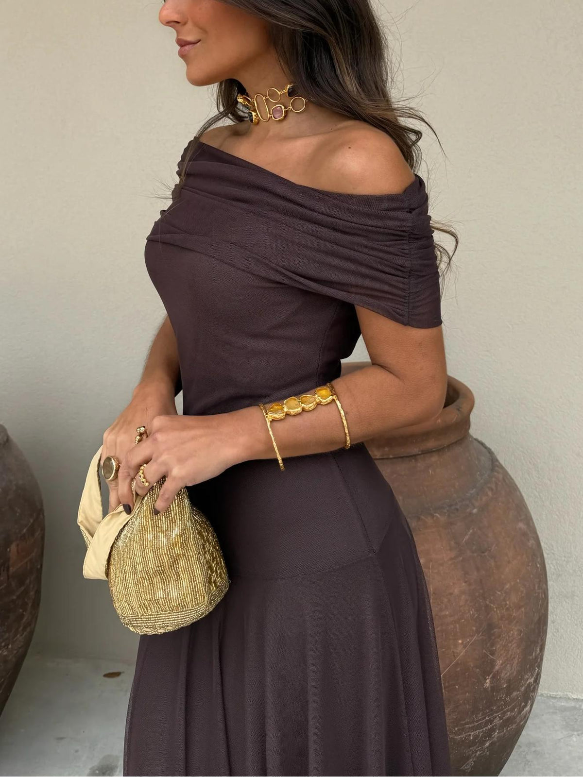 Vestido Femenino Largo Escote Bardot de Chiffón con Drapeado – Umbria