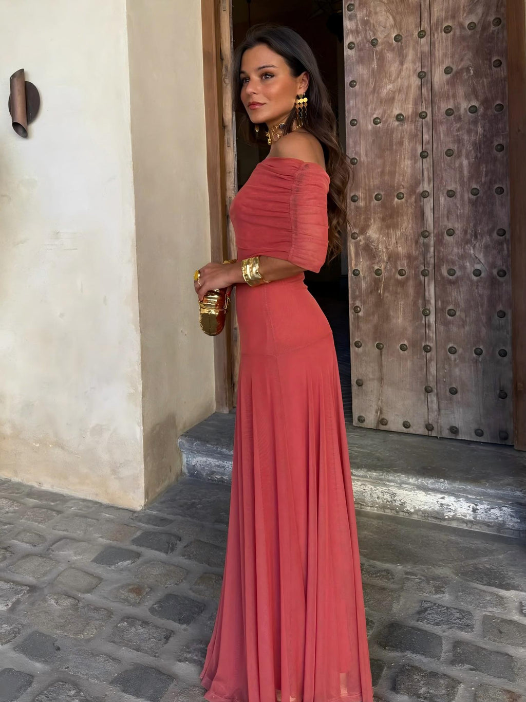 Vestido Femenino Largo Escote Bardot de Chiffón con Drapeado – Umbria