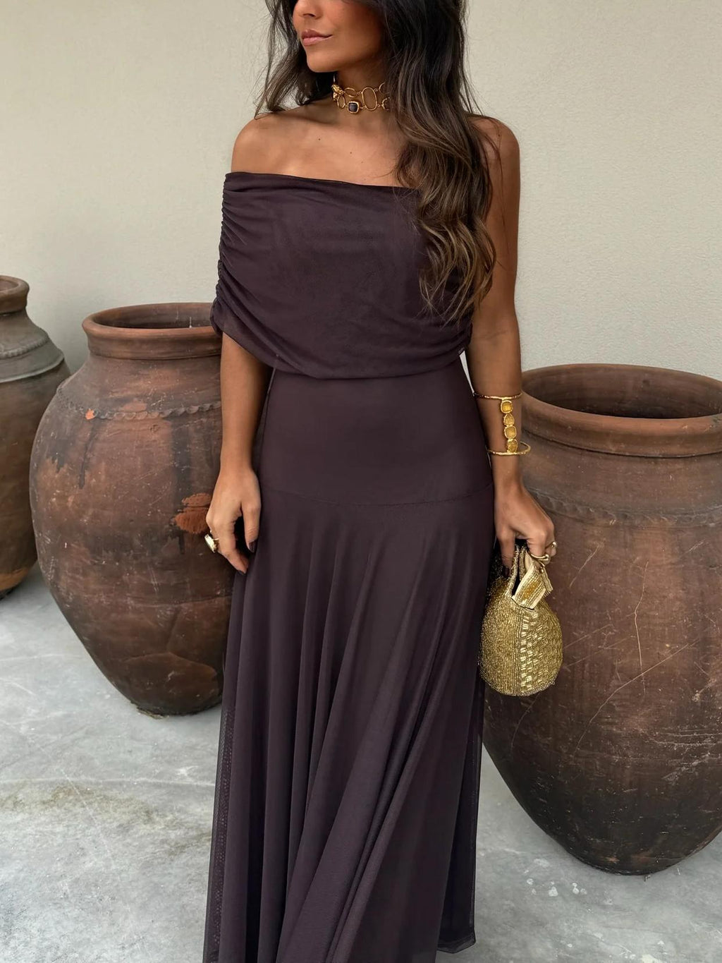Vestido Femenino Largo Escote Bardot de Chiffón con Drapeado – Umbria