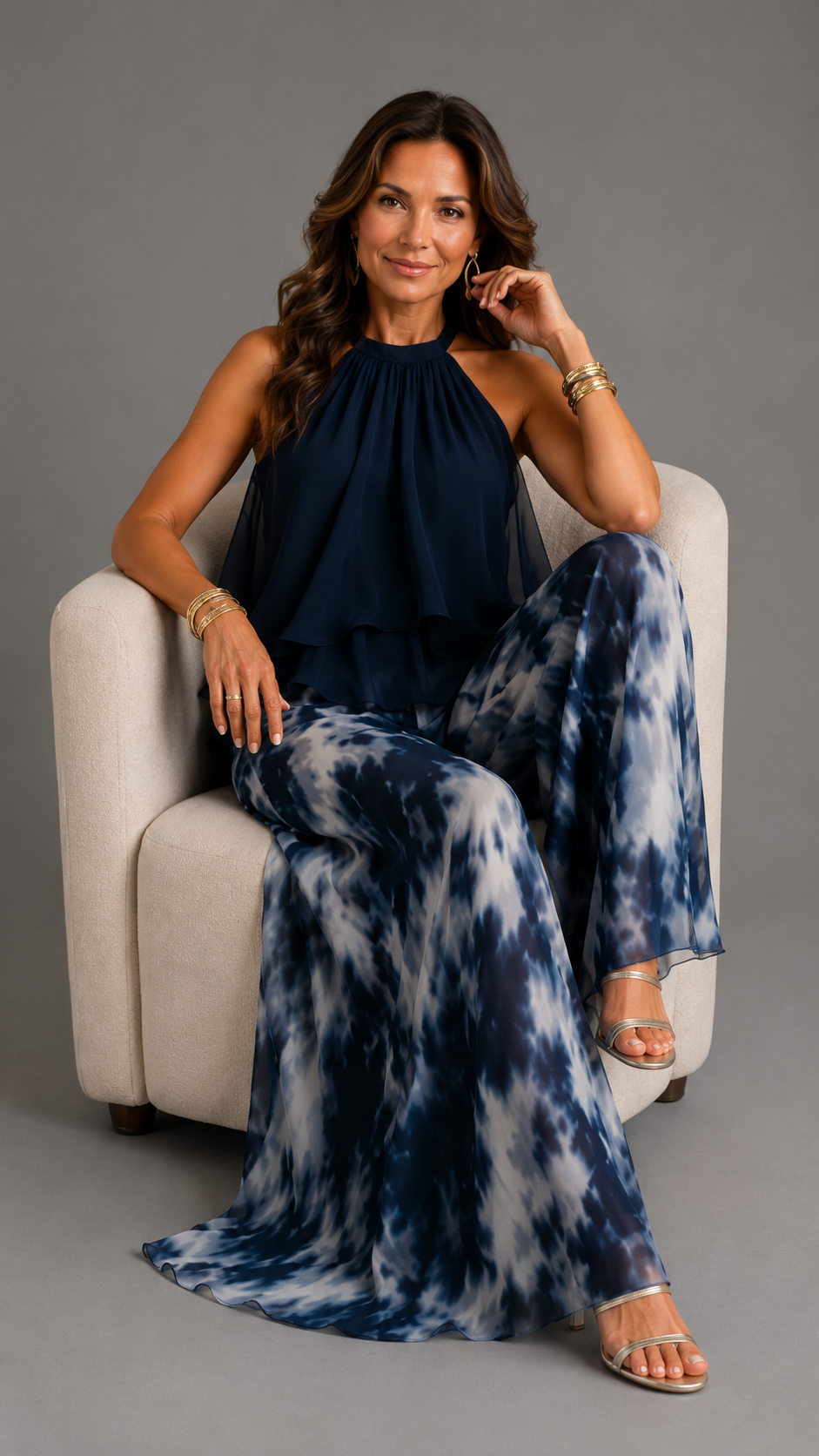 Ludovica | Conjunto Top Halter Azul Marino Elegante y Pantalón Ancho Estampado