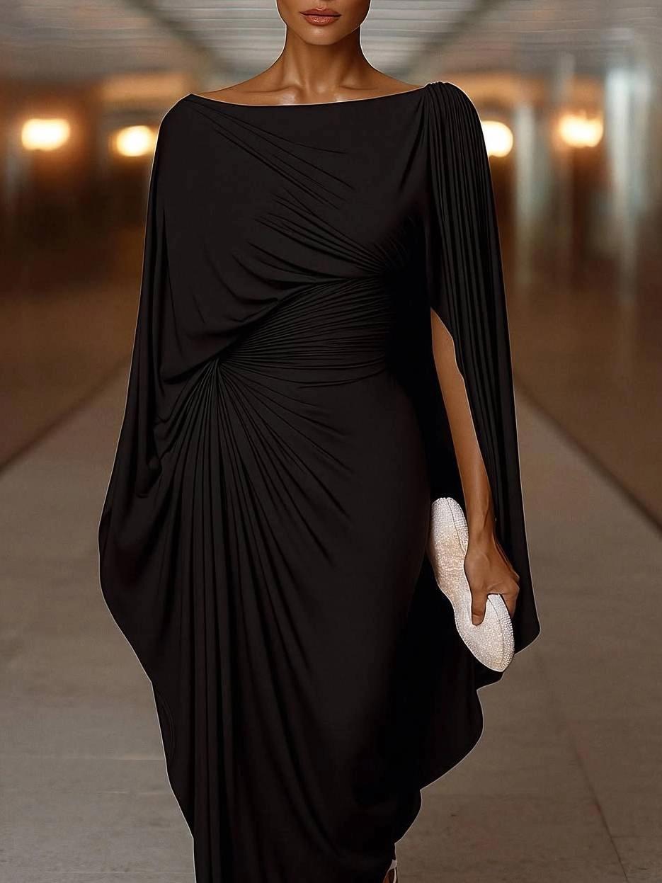 Vestido Femenino Largo Negro con Mangas Capa y Drapeado – Ônix