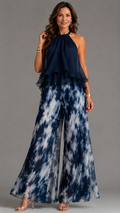 Ludovica | Conjunto Top Halter Azul Marino Elegante y Pantalón Ancho Estampado