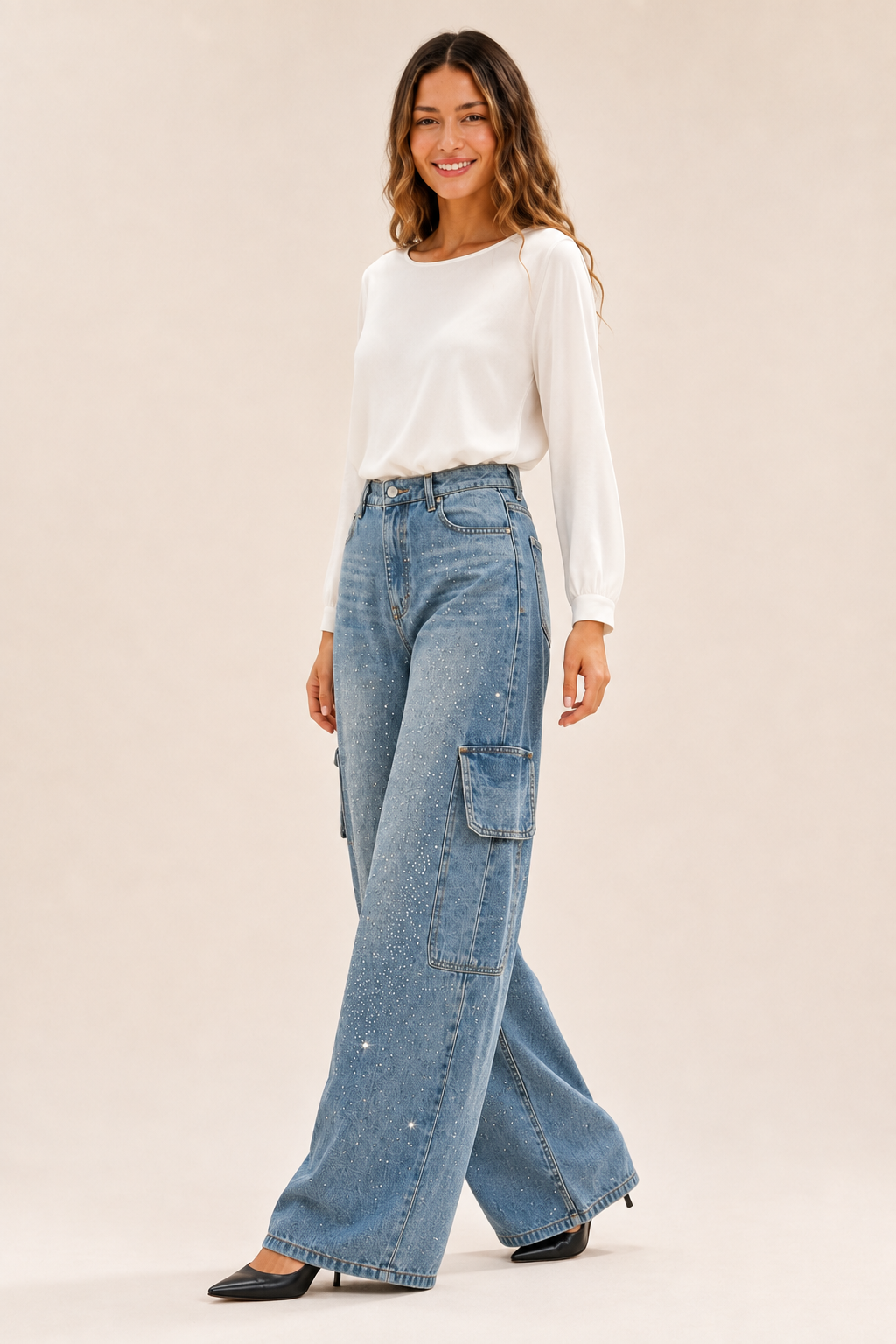 Pantalón de Mezclilla Wide Leg Carpenter con Brillo - Bruges