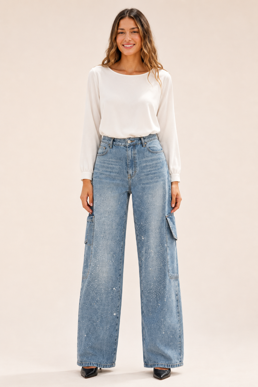 Pantalón de Mezclilla Wide Leg Carpenter con Brillo - Bruges