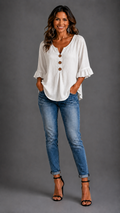 Sophia | Blusa lisa de algodón y lino con botones de madera y volantes
