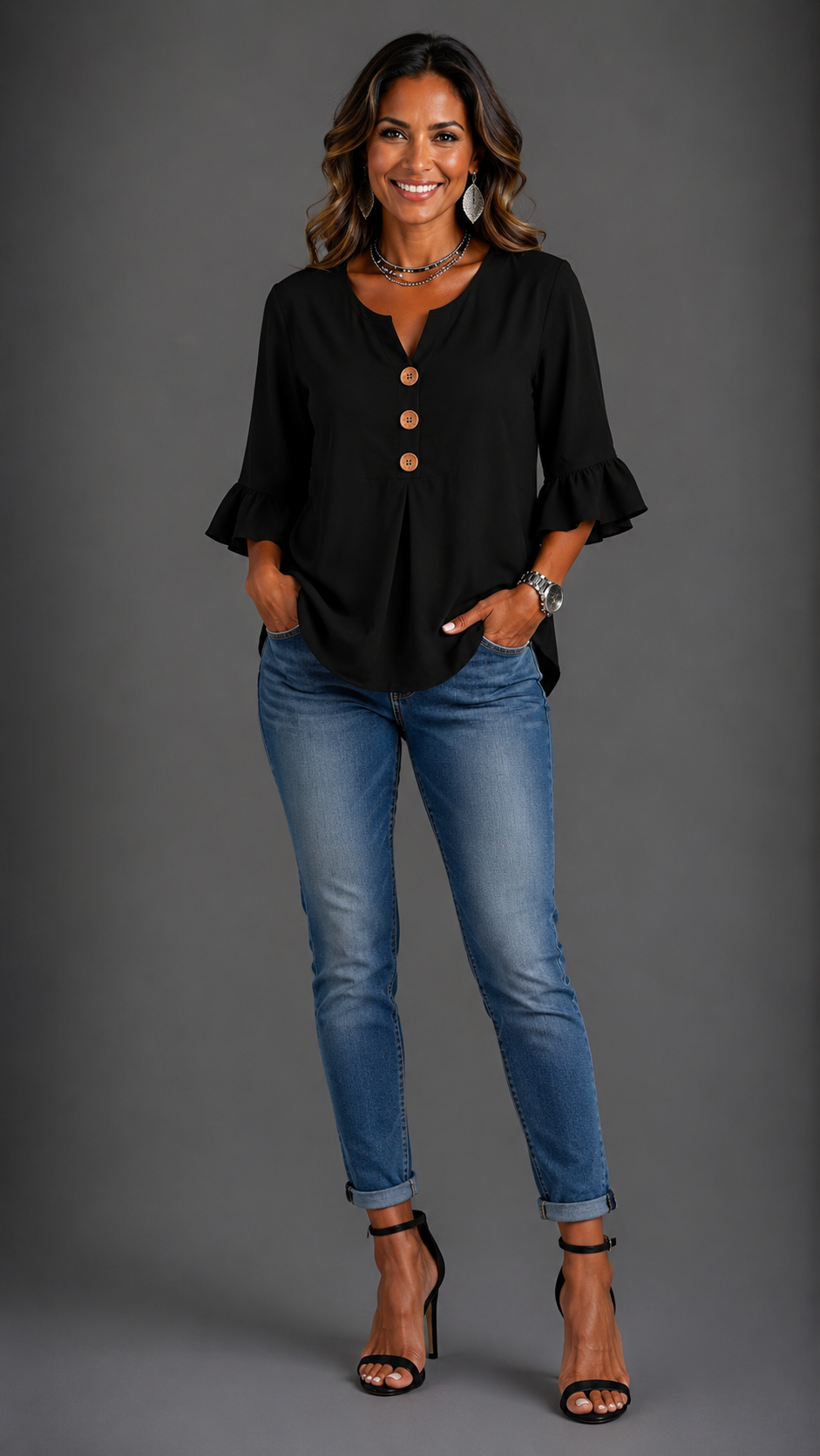 Sophia | Blusa lisa de algodón y lino con botones de madera y volantes