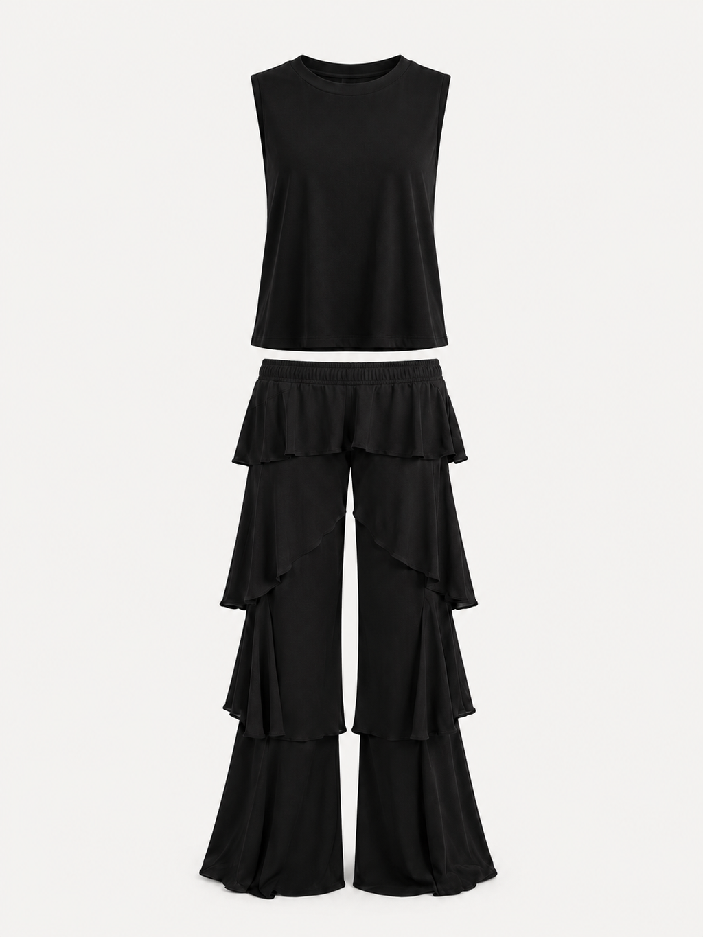 Conjunto Top Cropped y Pantalón Palazzo con Volantes en Capas – Noir