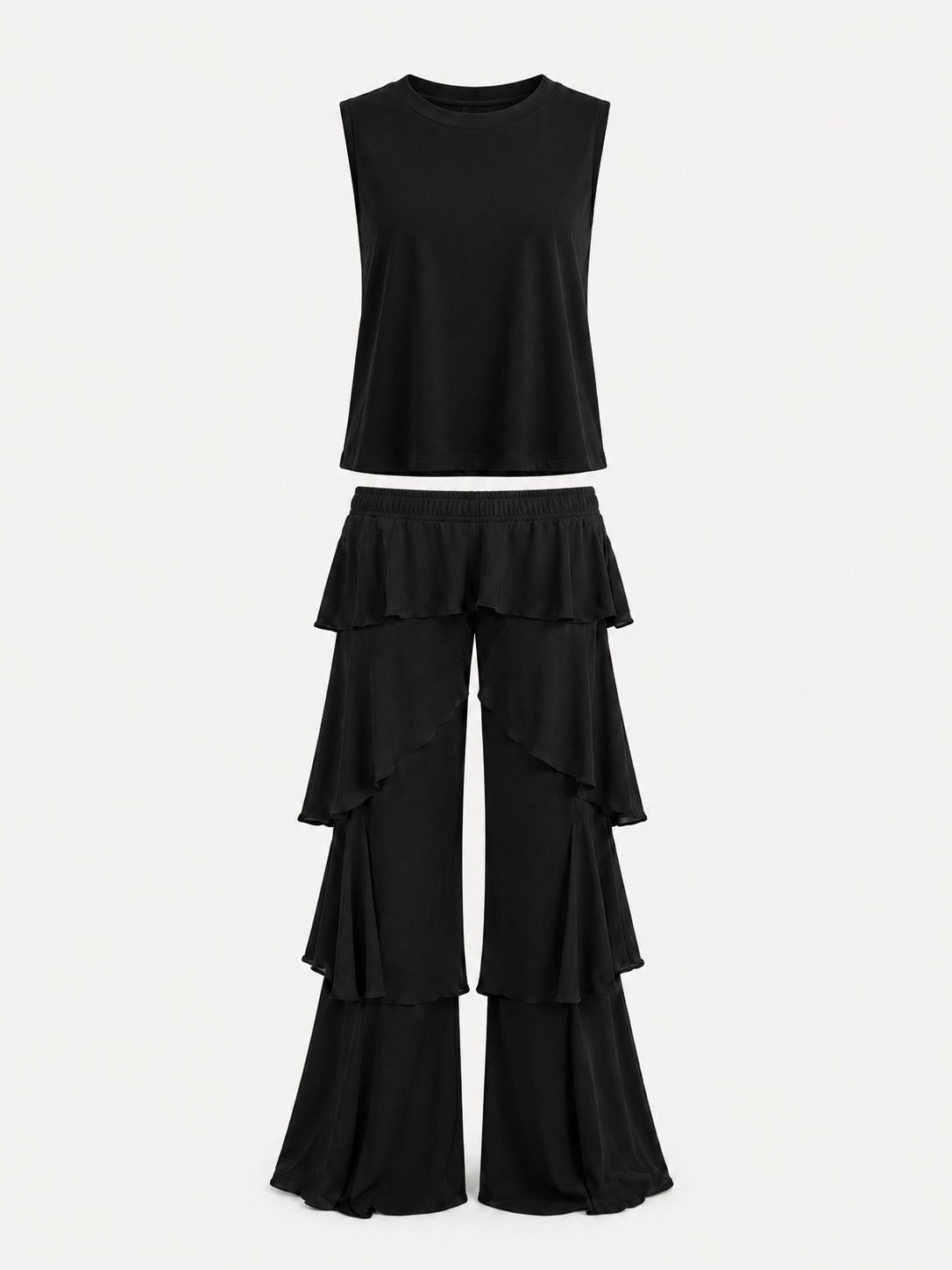 Conjunto Top Cropped y Pantalón Palazzo con Volantes en Capas – Noir