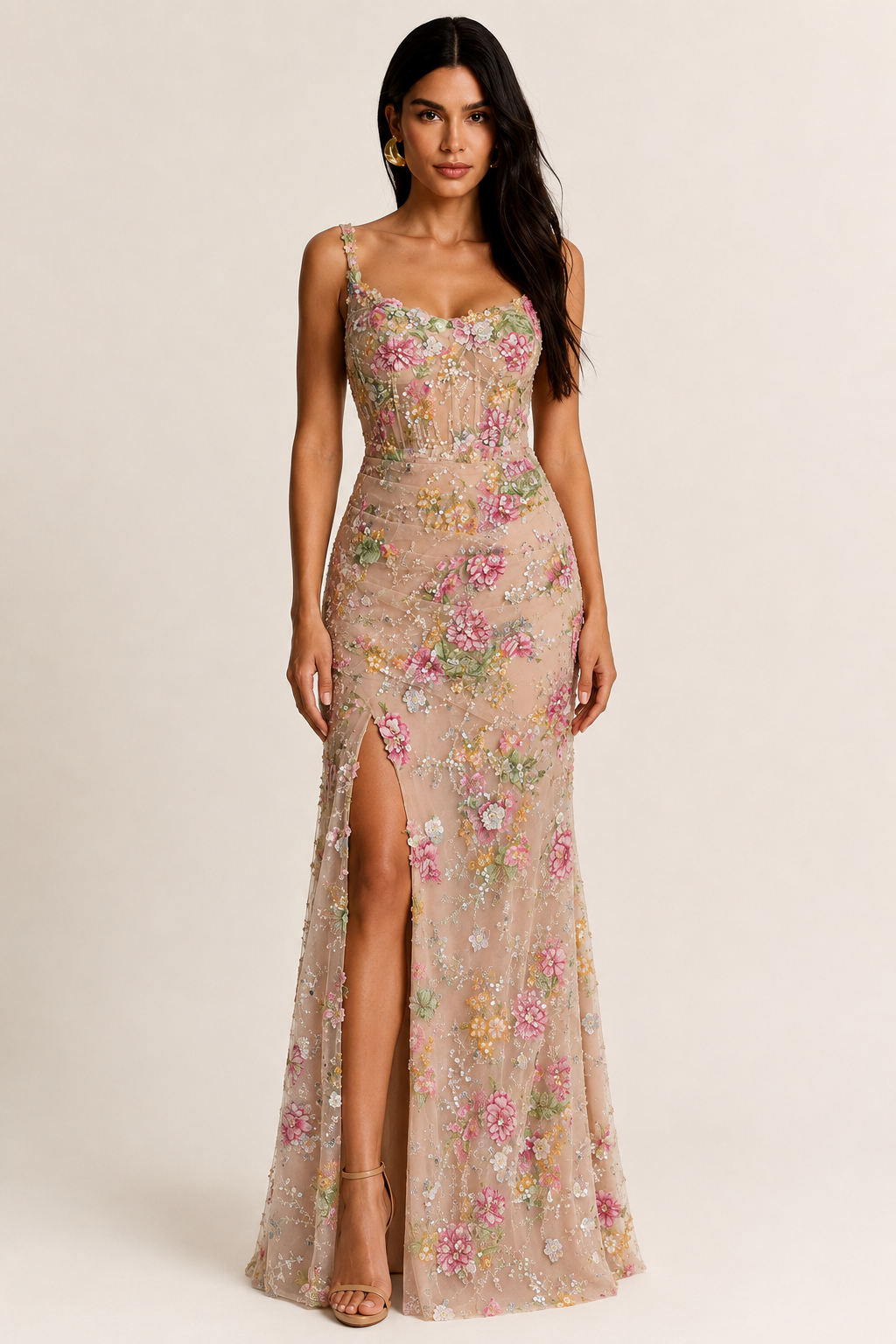 Vestido Largo de Fiesta Bordado con Flores 3D y Abertura - Verona
