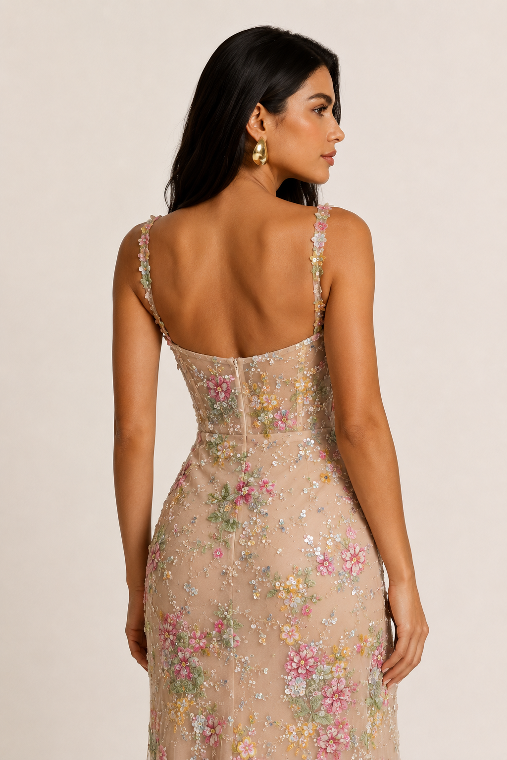 Vestido Largo de Fiesta Bordado con Flores 3D y Abertura - Verona