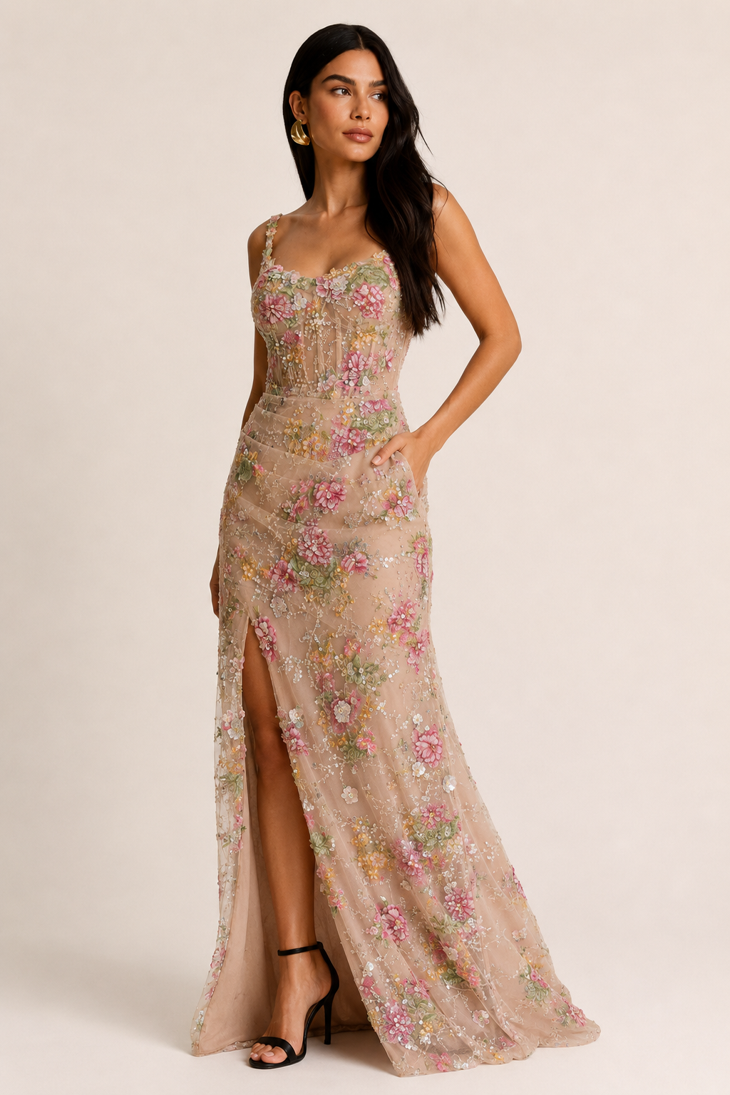 Vestido Largo de Fiesta Bordado con Flores 3D y Abertura - Verona