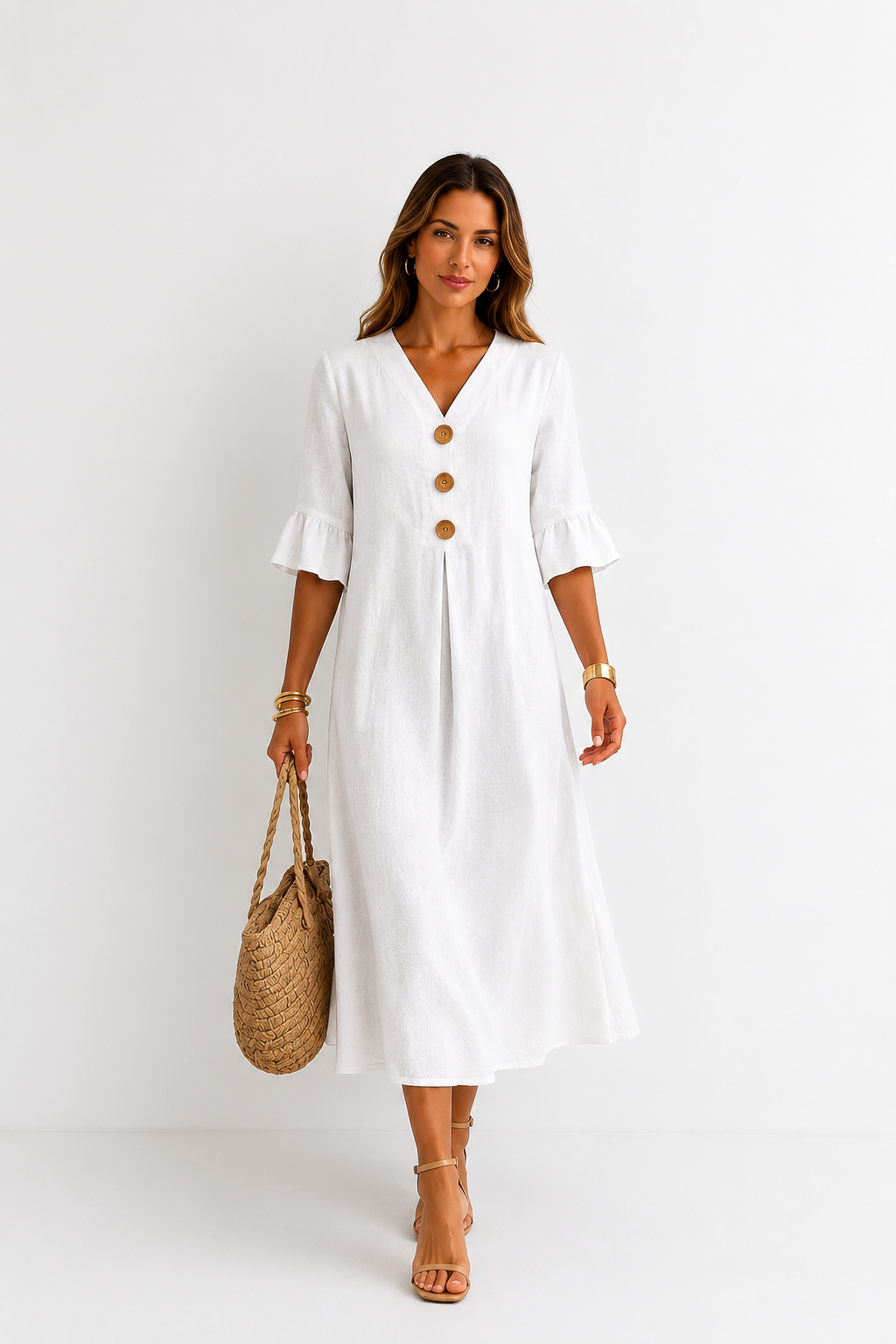 Vanesa | Vestido efecto lino de mangas abullonadas y botones