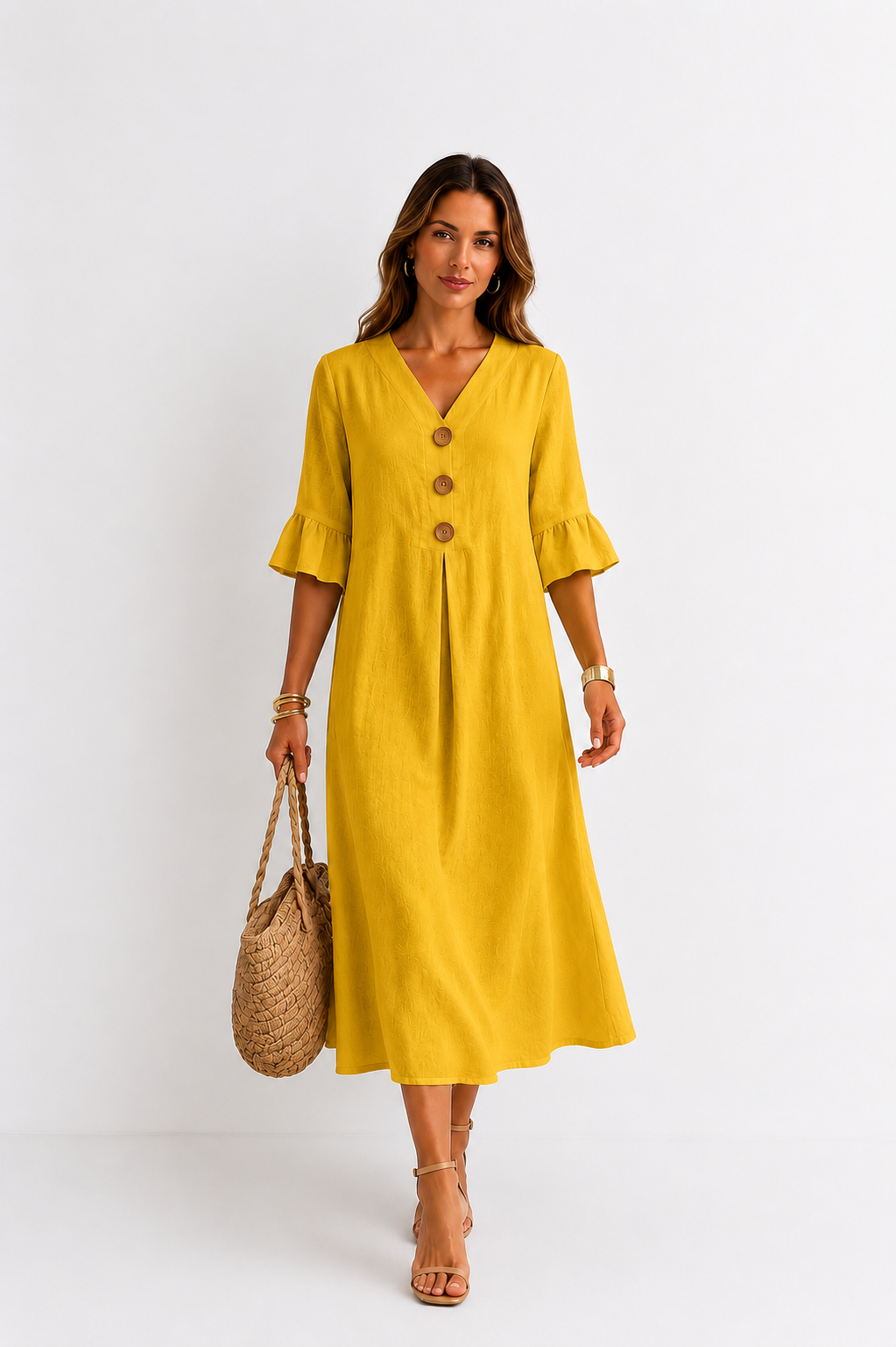 Vanesa | Vestido efecto lino de mangas abullonadas y botones