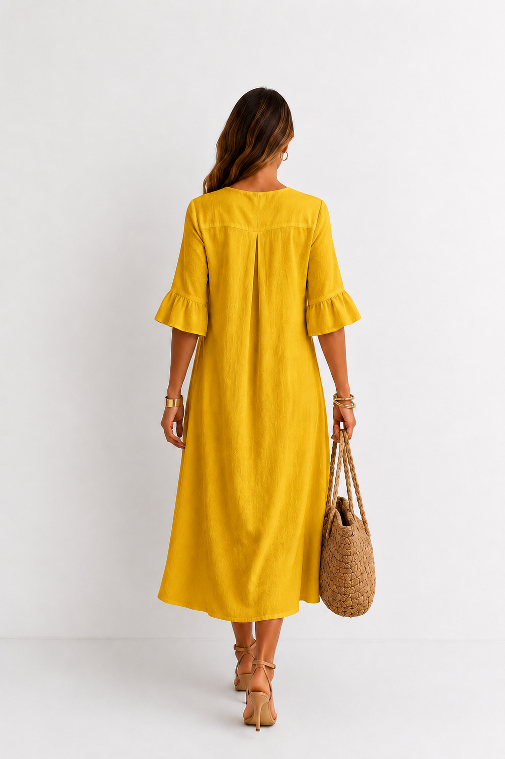 Vanesa | Vestido efecto lino de mangas abullonadas y botones