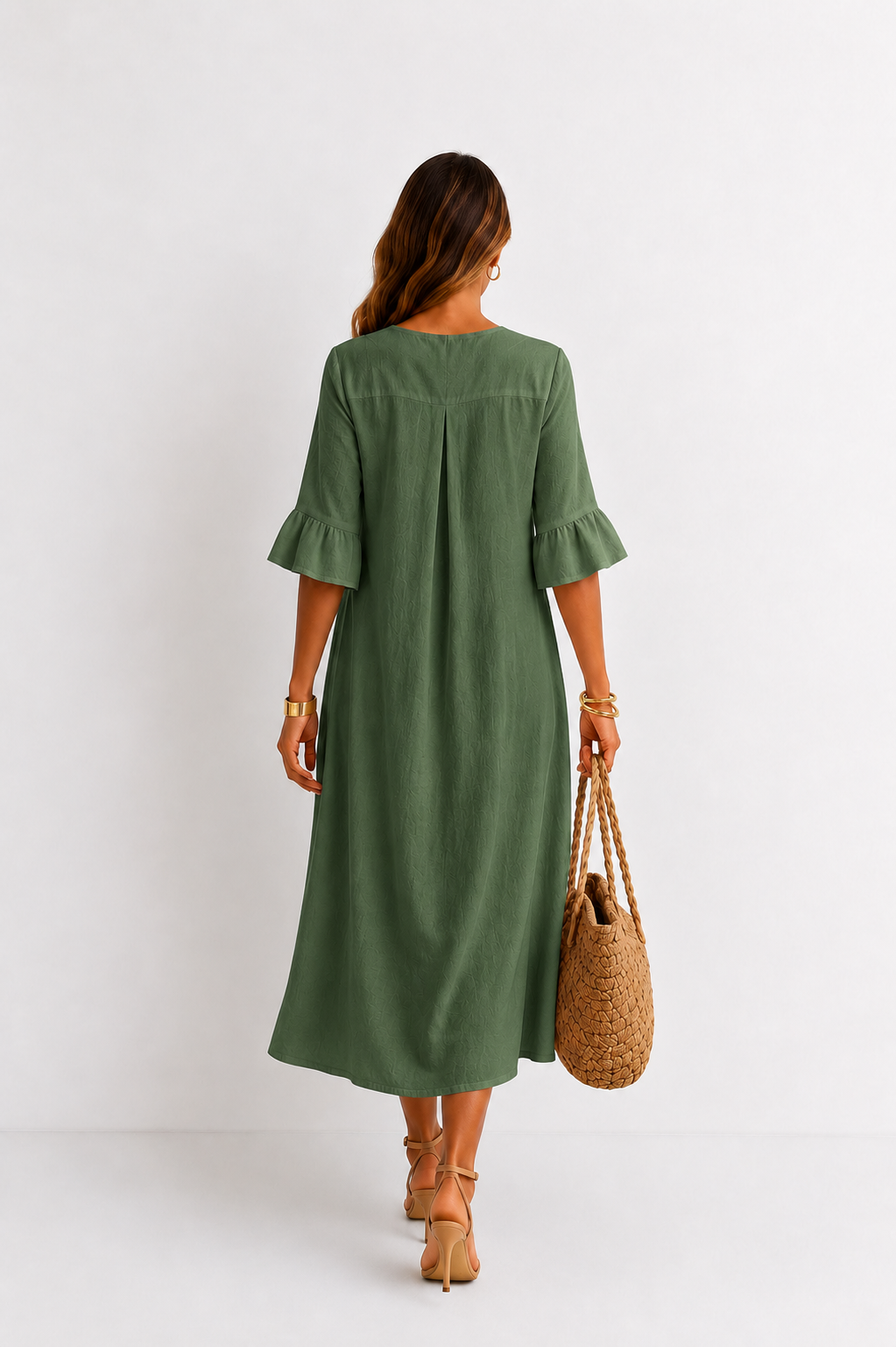 Vanesa | Vestido efecto lino de mangas abullonadas y botones