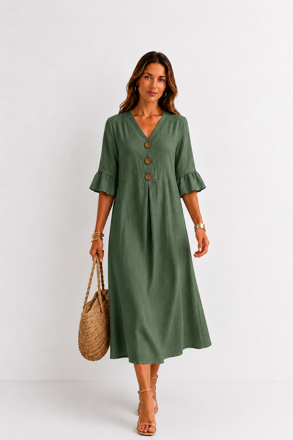 Vanesa | Vestido efecto lino de mangas abullonadas y botones