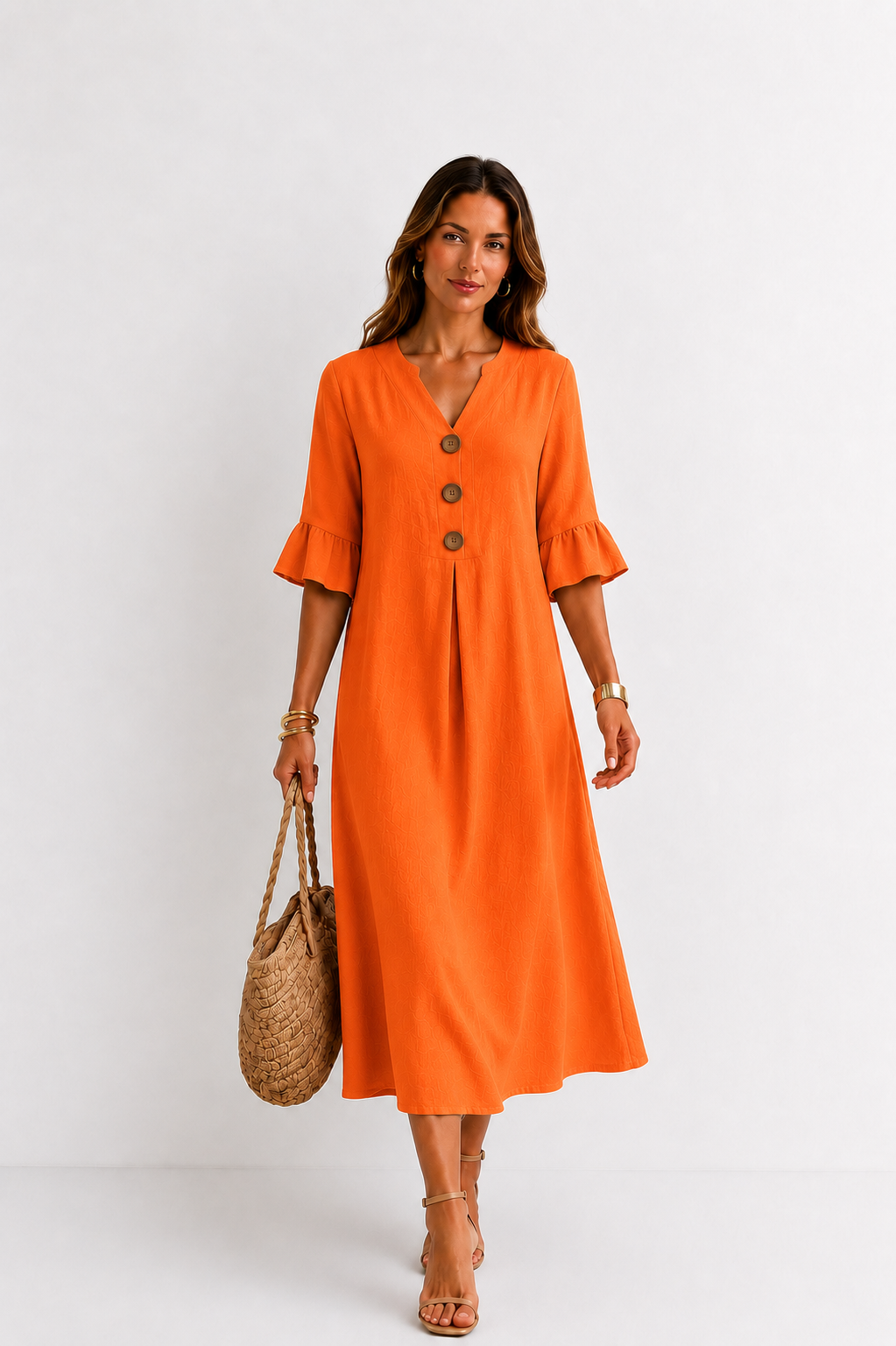 Vanesa | Vestido efecto lino de mangas abullonadas y botones