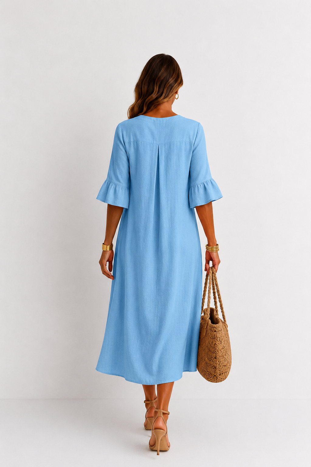 Vanesa | Vestido efecto lino de mangas abullonadas y botones