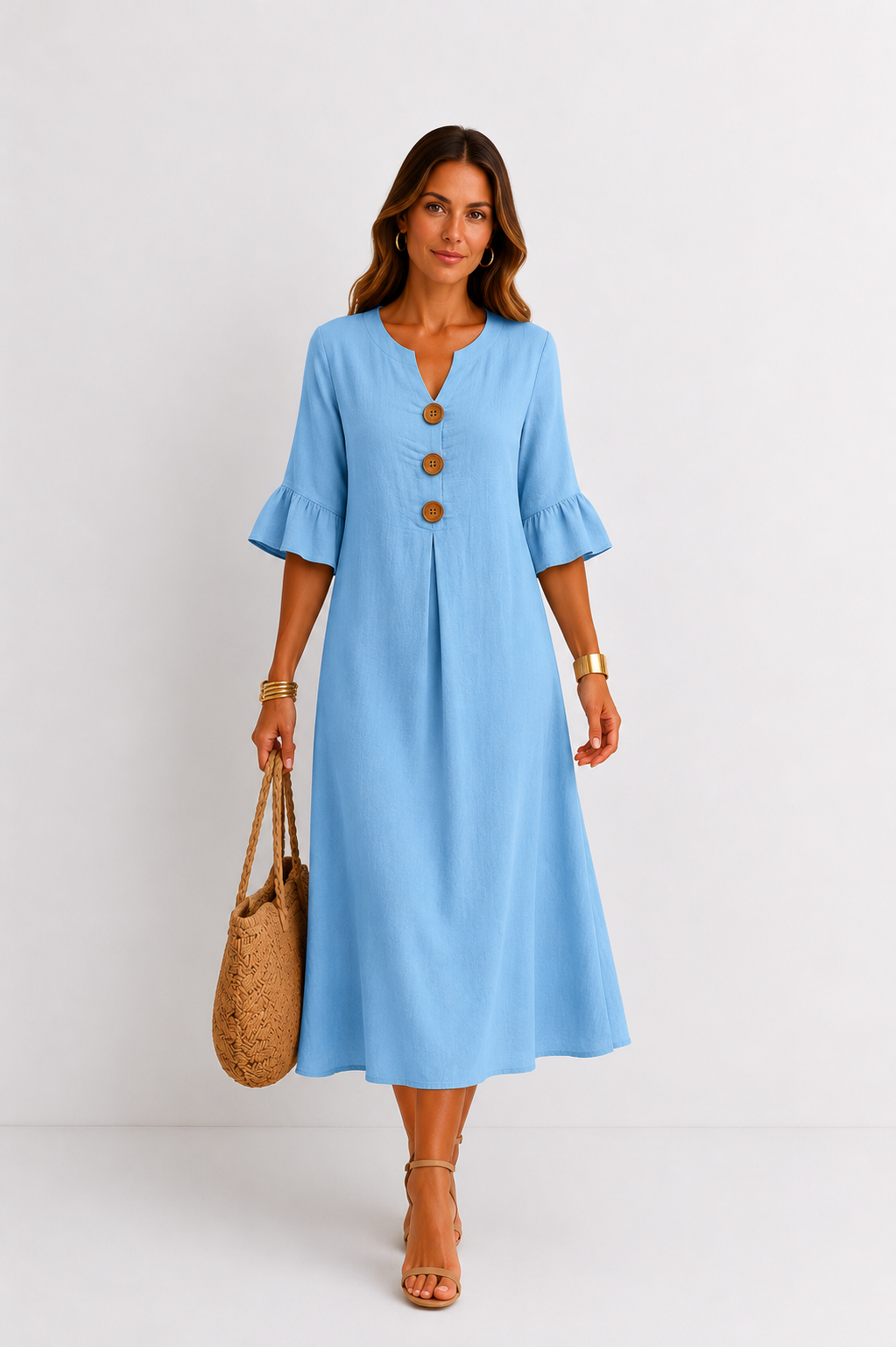 Vanesa | Vestido efecto lino de mangas abullonadas y botones