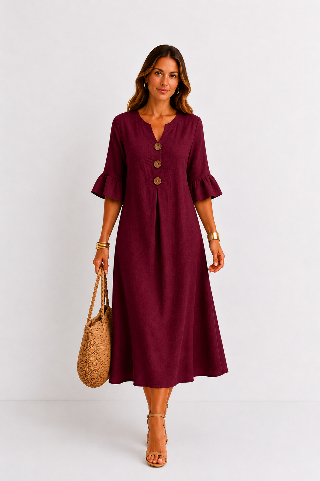 Vanesa | Vestido efecto lino de mangas abullonadas y botones