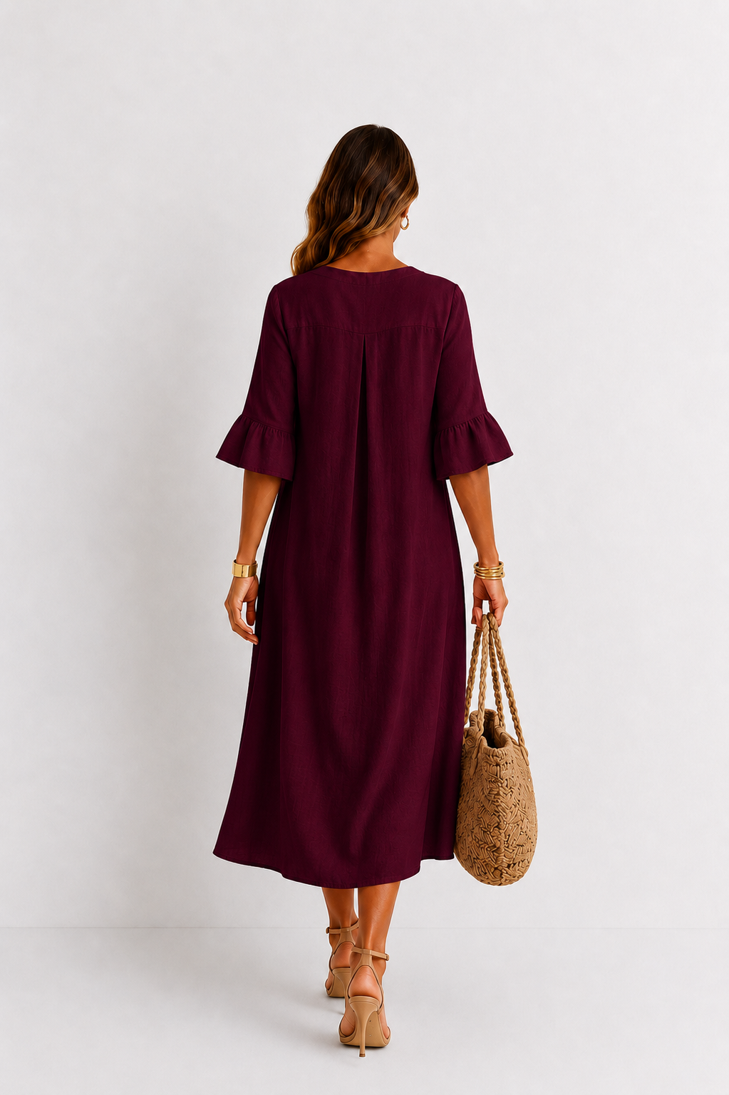 Vanesa | Vestido efecto lino de mangas abullonadas y botones