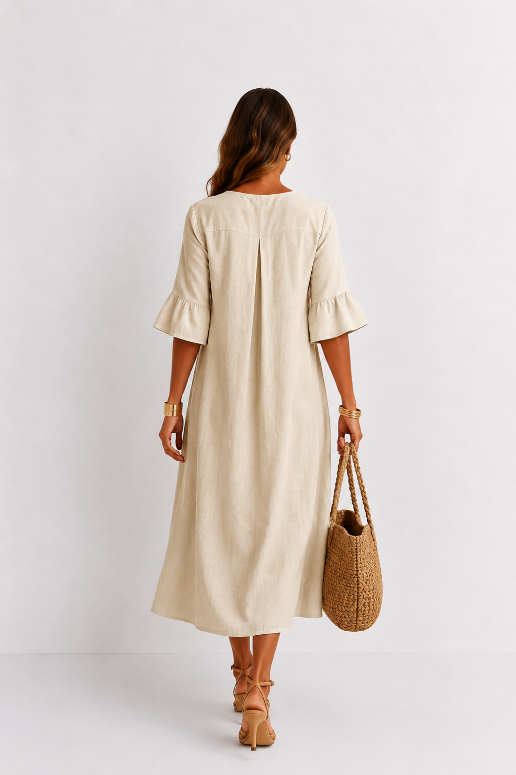 Vanesa | Vestido efecto lino de mangas abullonadas y botones