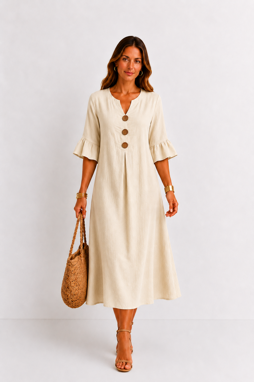 Vanesa | Vestido efecto lino de mangas abullonadas y botones