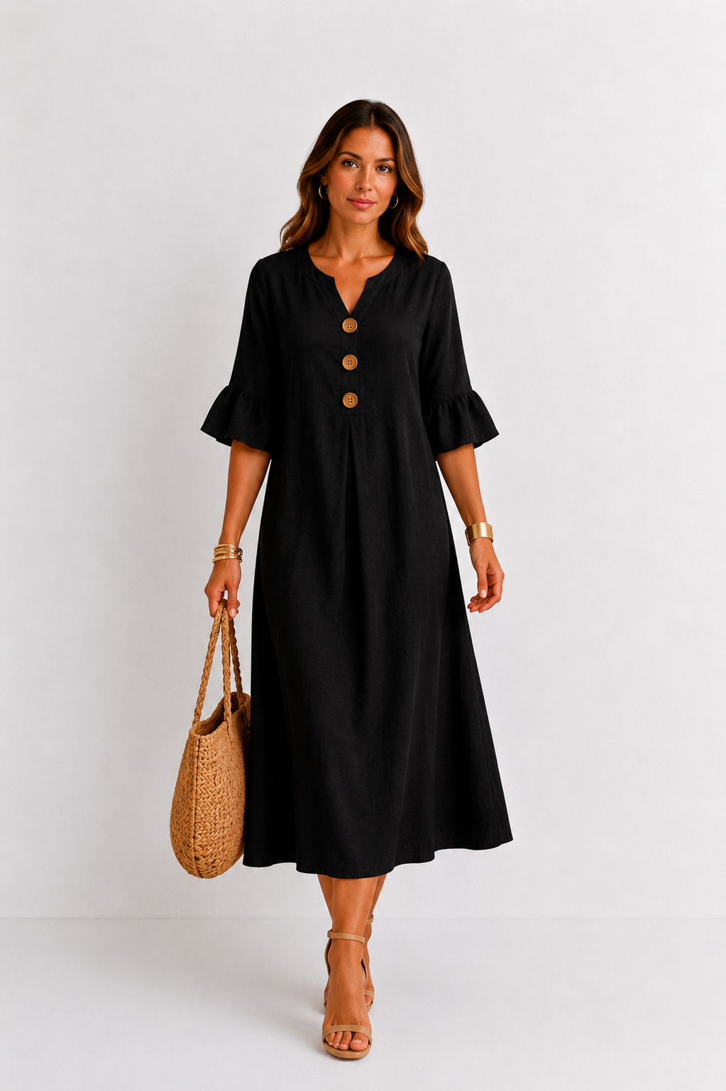Vanesa | Vestido efecto lino de mangas abullonadas y botones