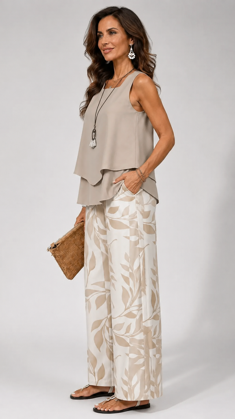 Petronila™ | Conjunto verde Salvia – blusa y pantalón con motivo botánico