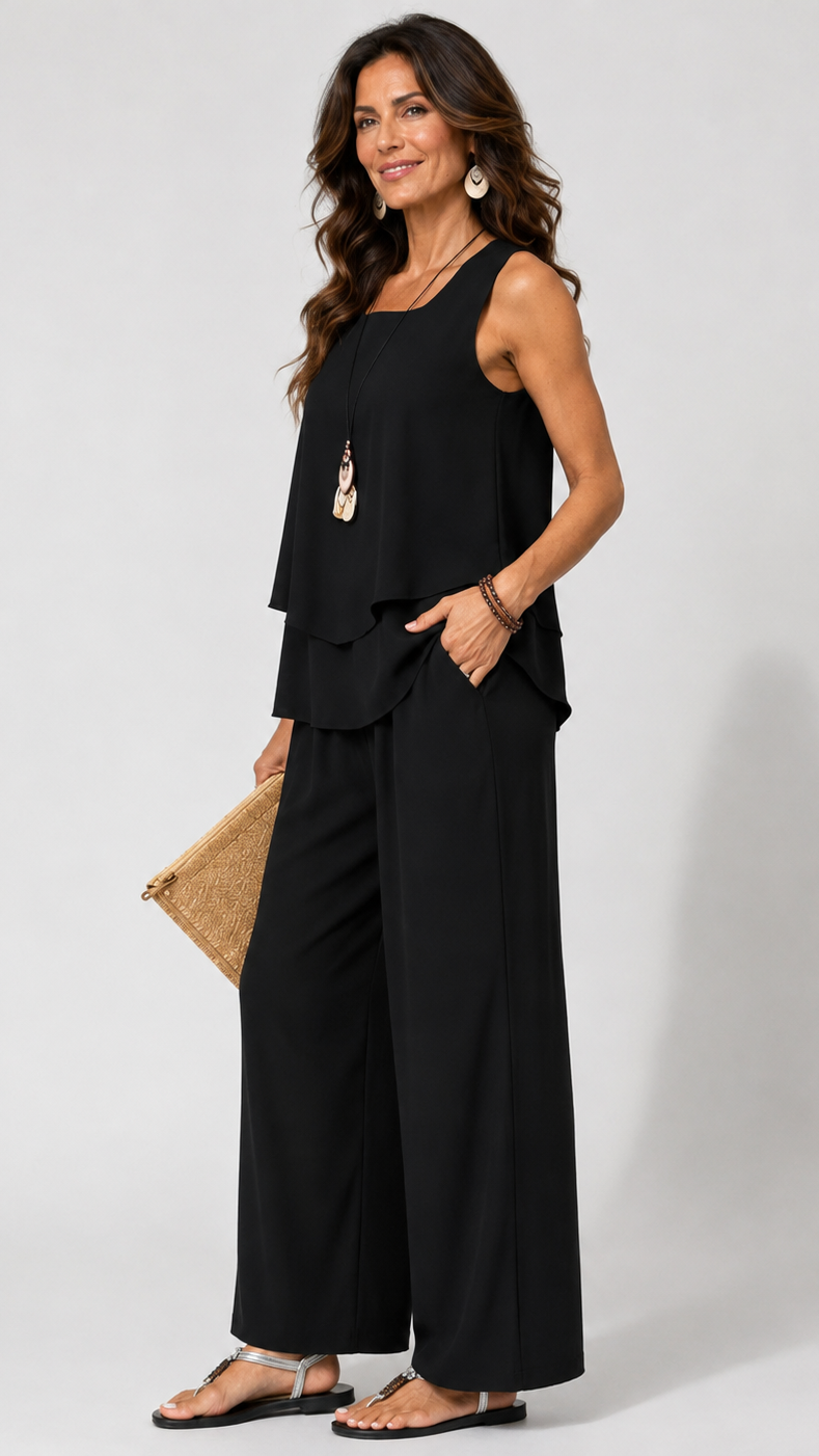 Petronila™ | Conjunto verde Salvia – blusa y pantalón con motivo botánico