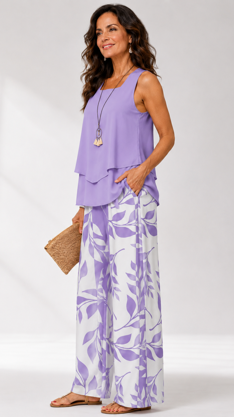 Petronila™ | Conjunto verde Salvia – blusa y pantalón con motivo botánico