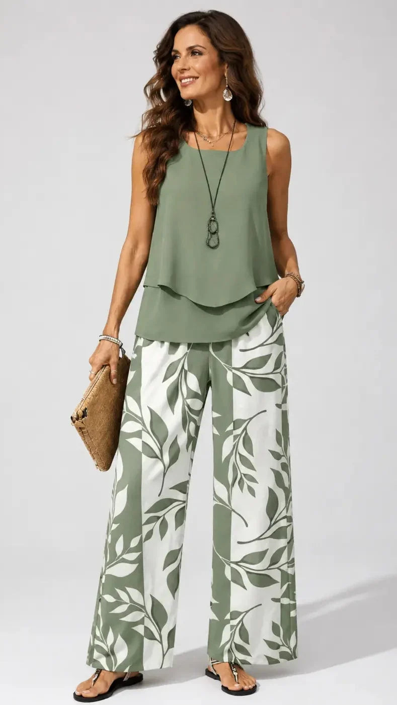 Petronila™ | Conjunto verde Salvia – blusa y pantalón con motivo botánico