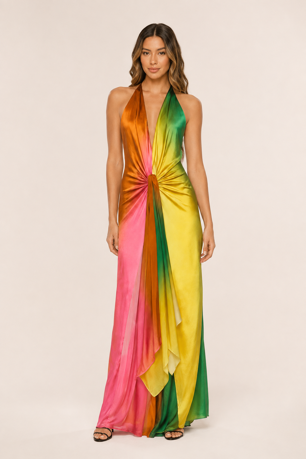 Vestido Largo Asimétrico Tie Dye en Satén con Nudo – Copacabana