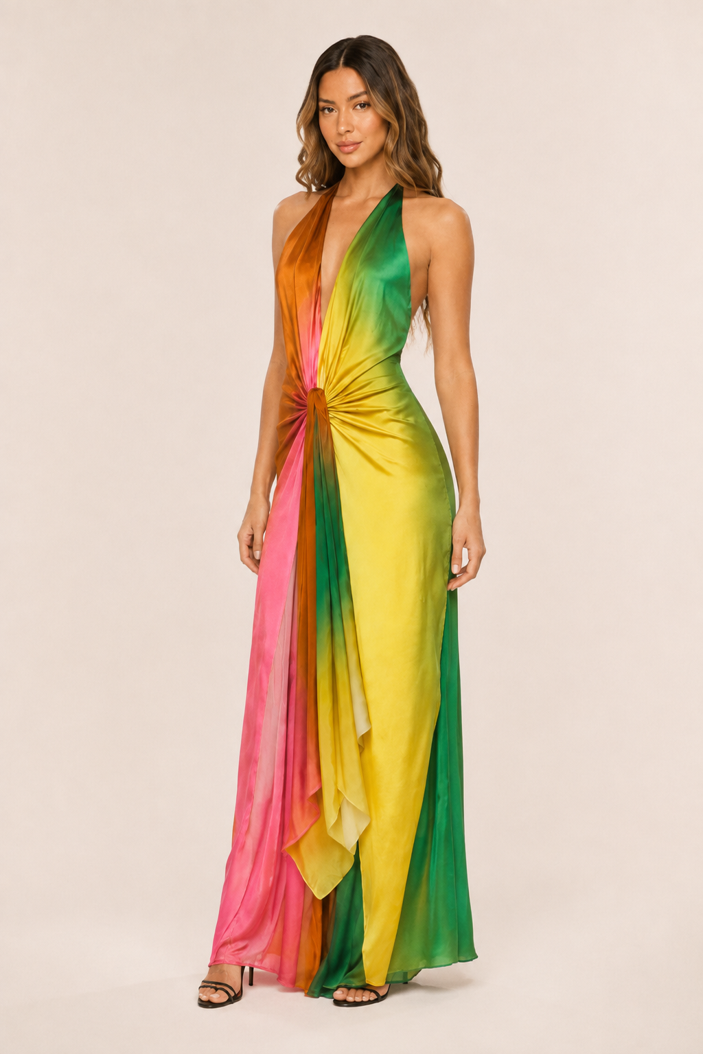 Vestido Largo Asimétrico Tie Dye en Satén con Nudo – Copacabana